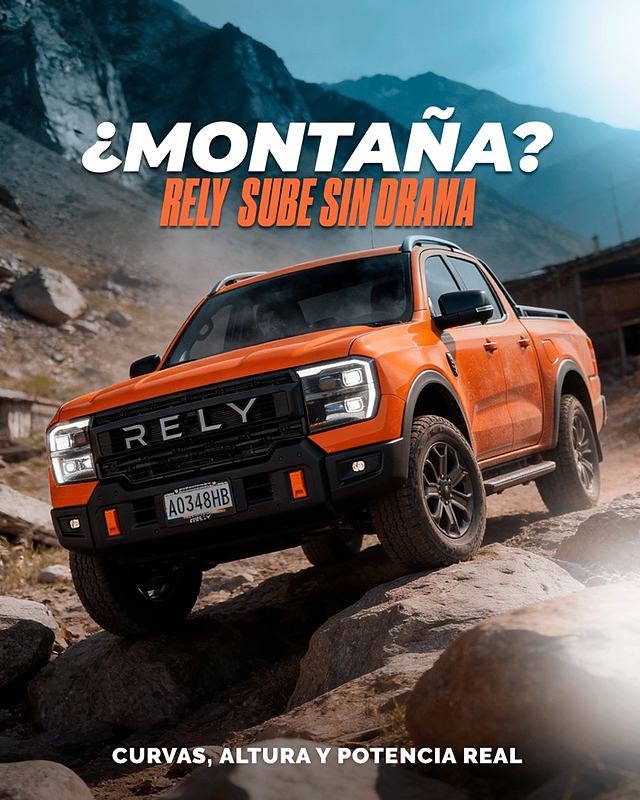 Arte de campaña RELY con una RELY R8 naranja en la montaña: sube sin drama (ilustración)