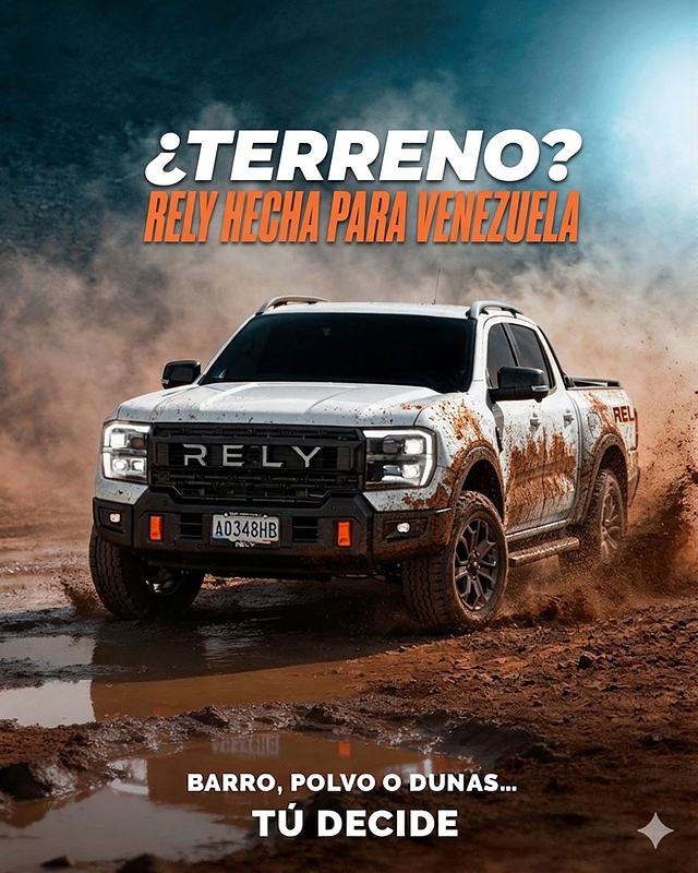 Arte de campaña RELY con una RELY R8 blanca en barro: hecha para Venezuela (ilustración)
