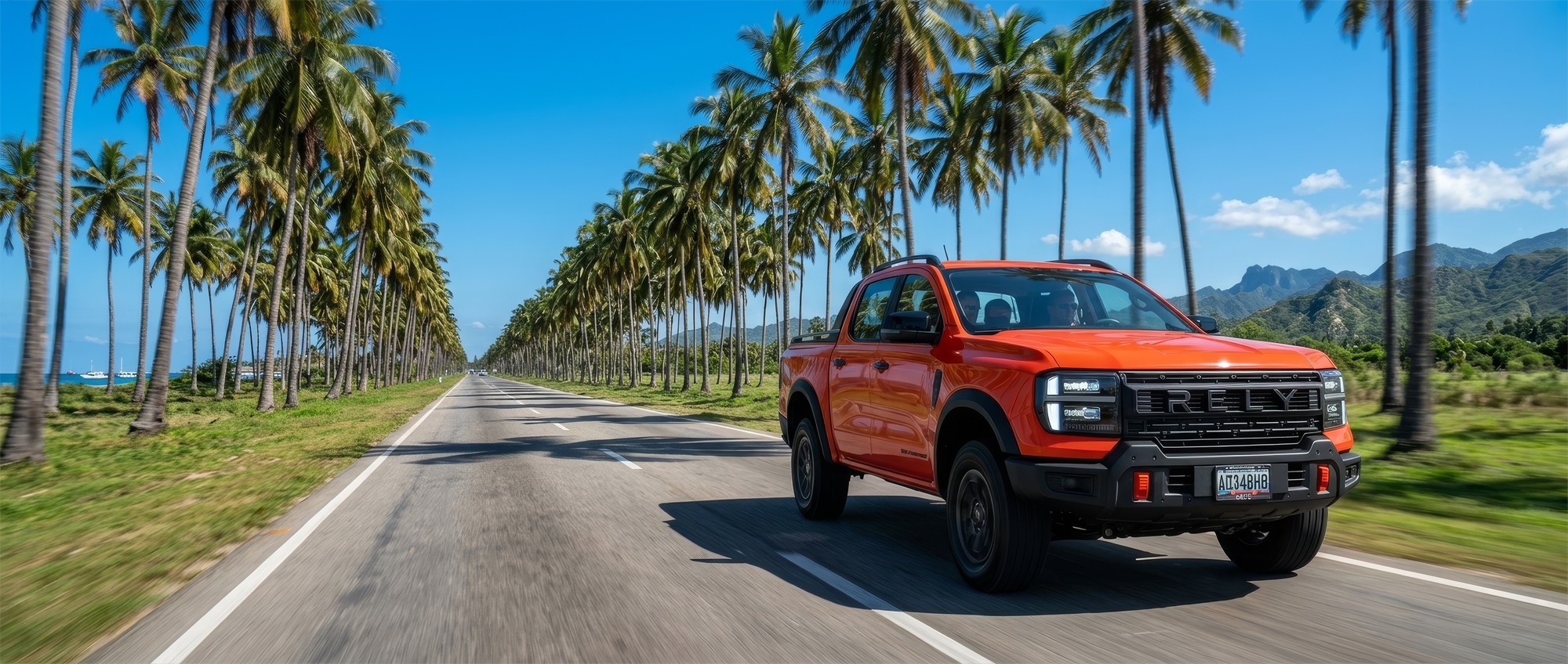 RELY R8 naranja en carretera entre palmeras Venezuela 2026 pickup 4x4